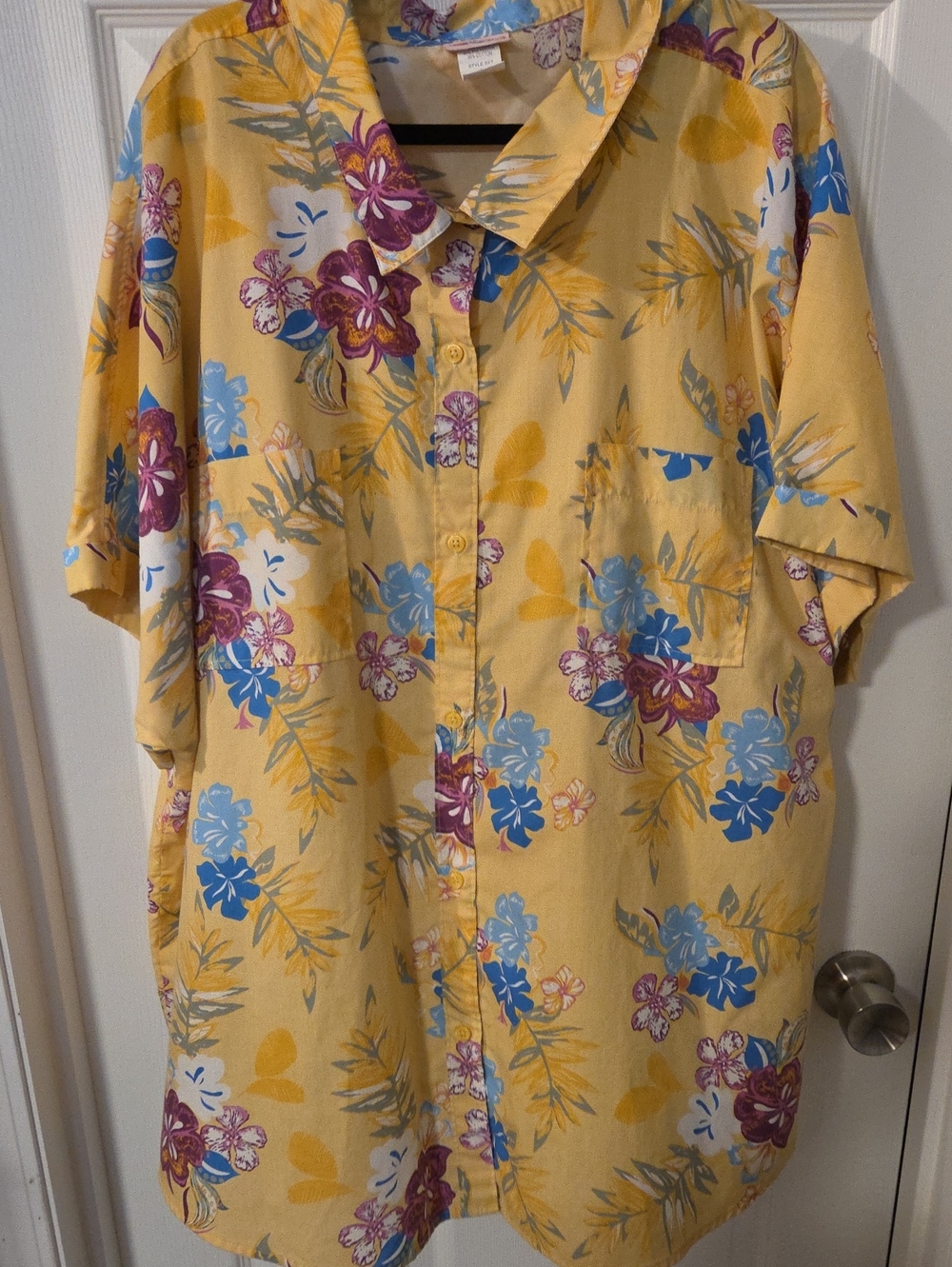 Vintage 1990s Yellow Floral Button-Up Blouse with Blue & Purple Accents